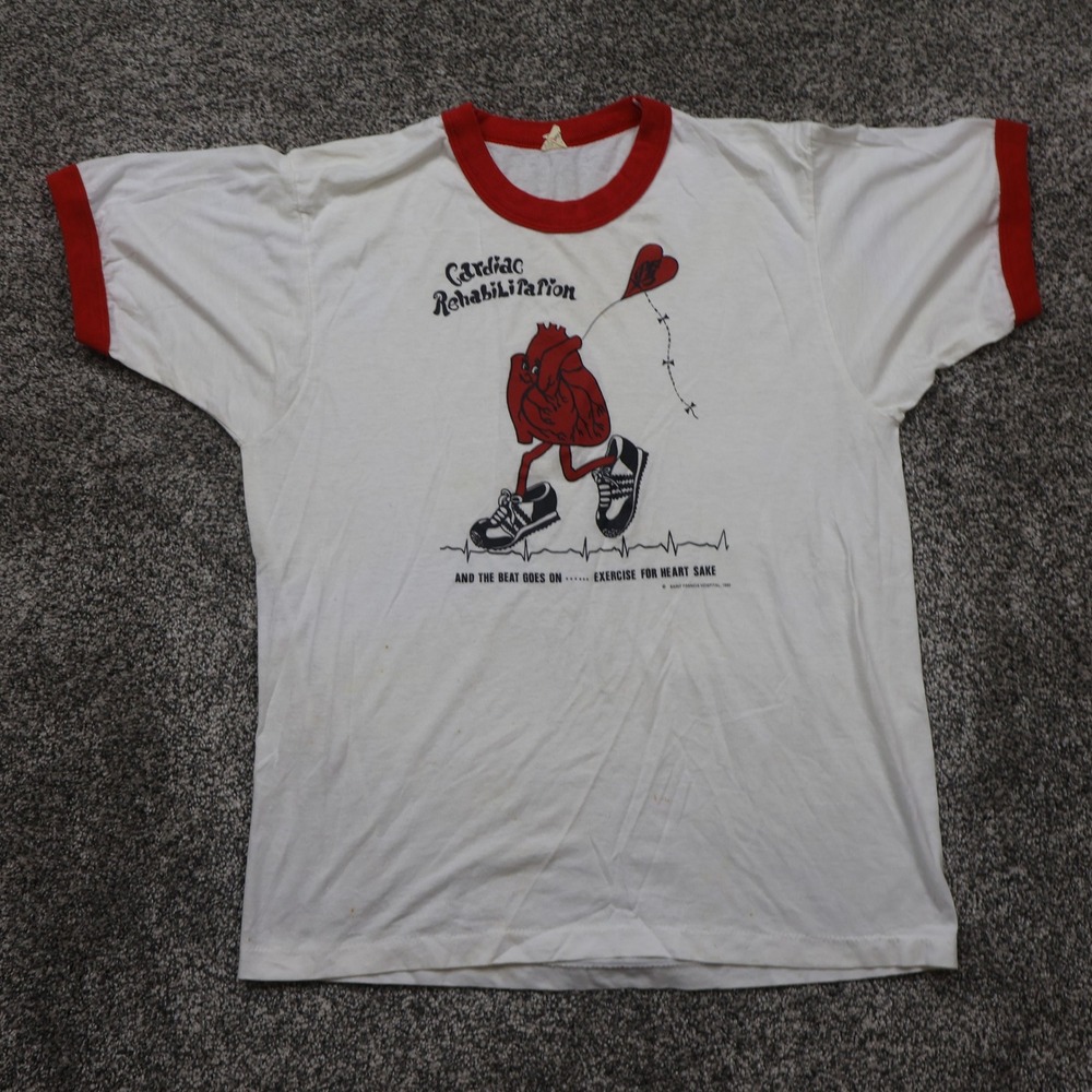 Saint Francis T-Shirt Men's Large Vintage‎ 1980s Hospital Cardiac Rehab Ringer